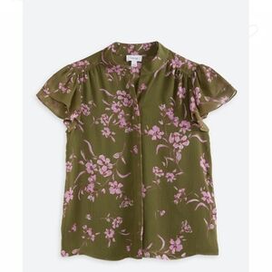 Cece Olive and Lavender Floral Ruffle Sleeve Blouse - Color Chive In Size L